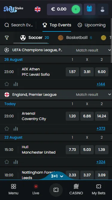 MyStake sportsbook in-play markets on a phone