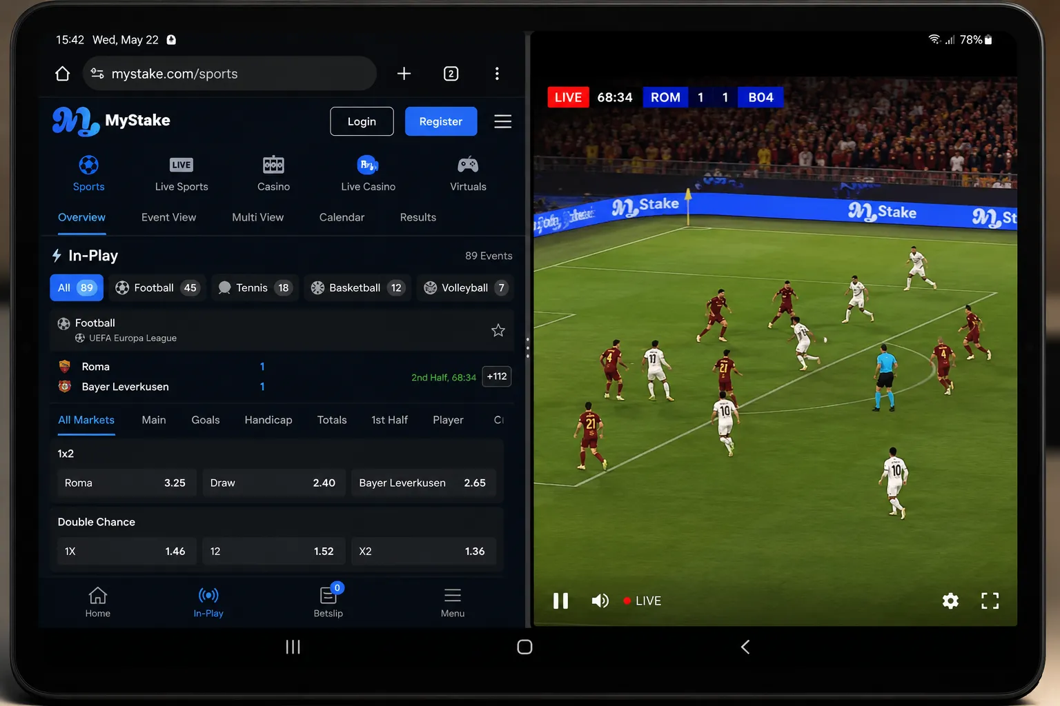 Android tablet in split screen with MyStake in-play markets and a live stream