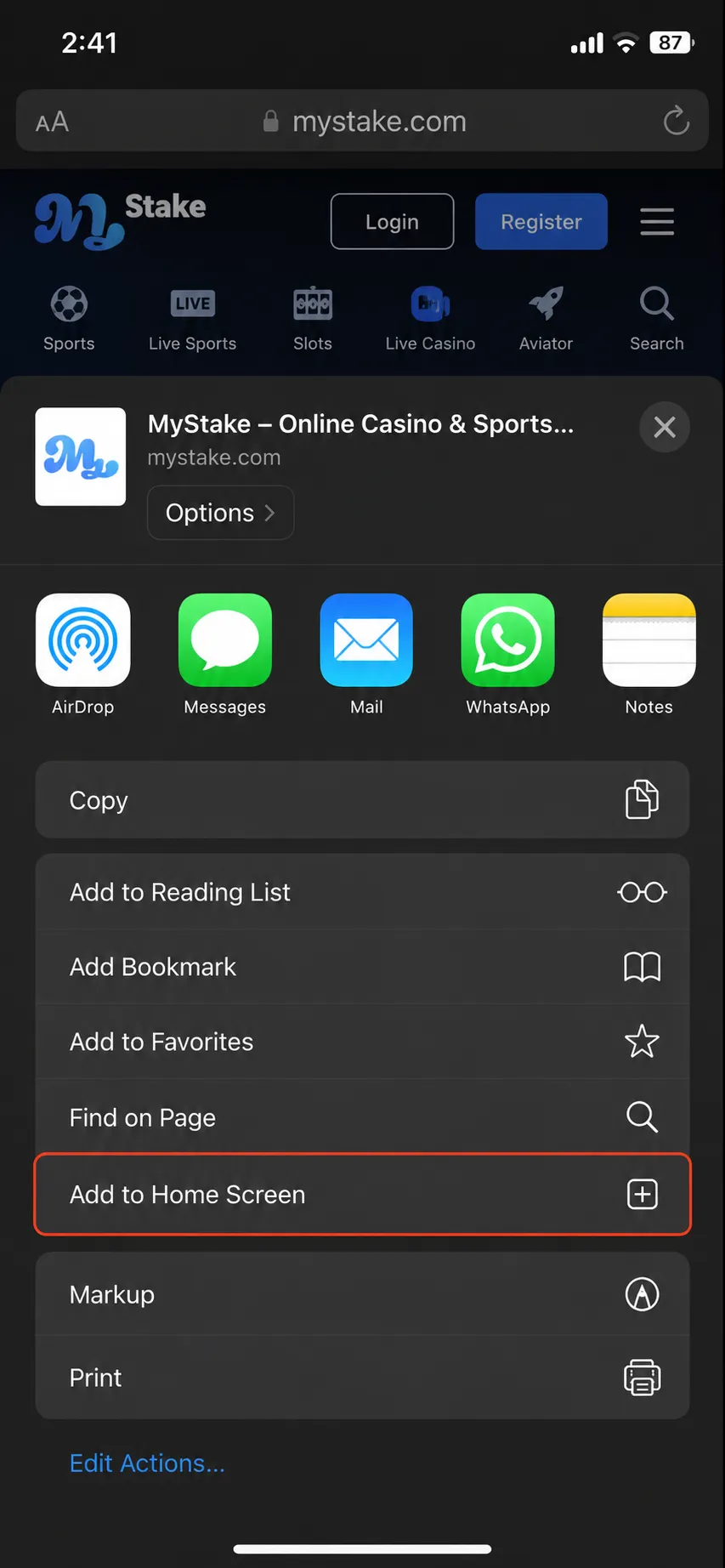 Safari share sheet on iPhone with Add to Home Screen highlighted