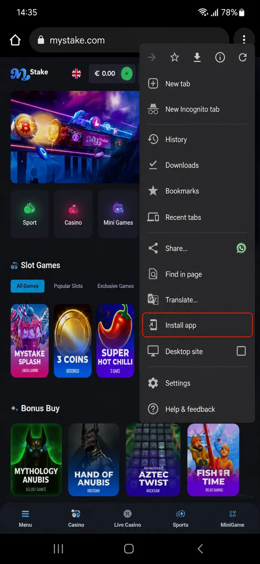 Chrome on Android showing the Install app option in the three-dot menu