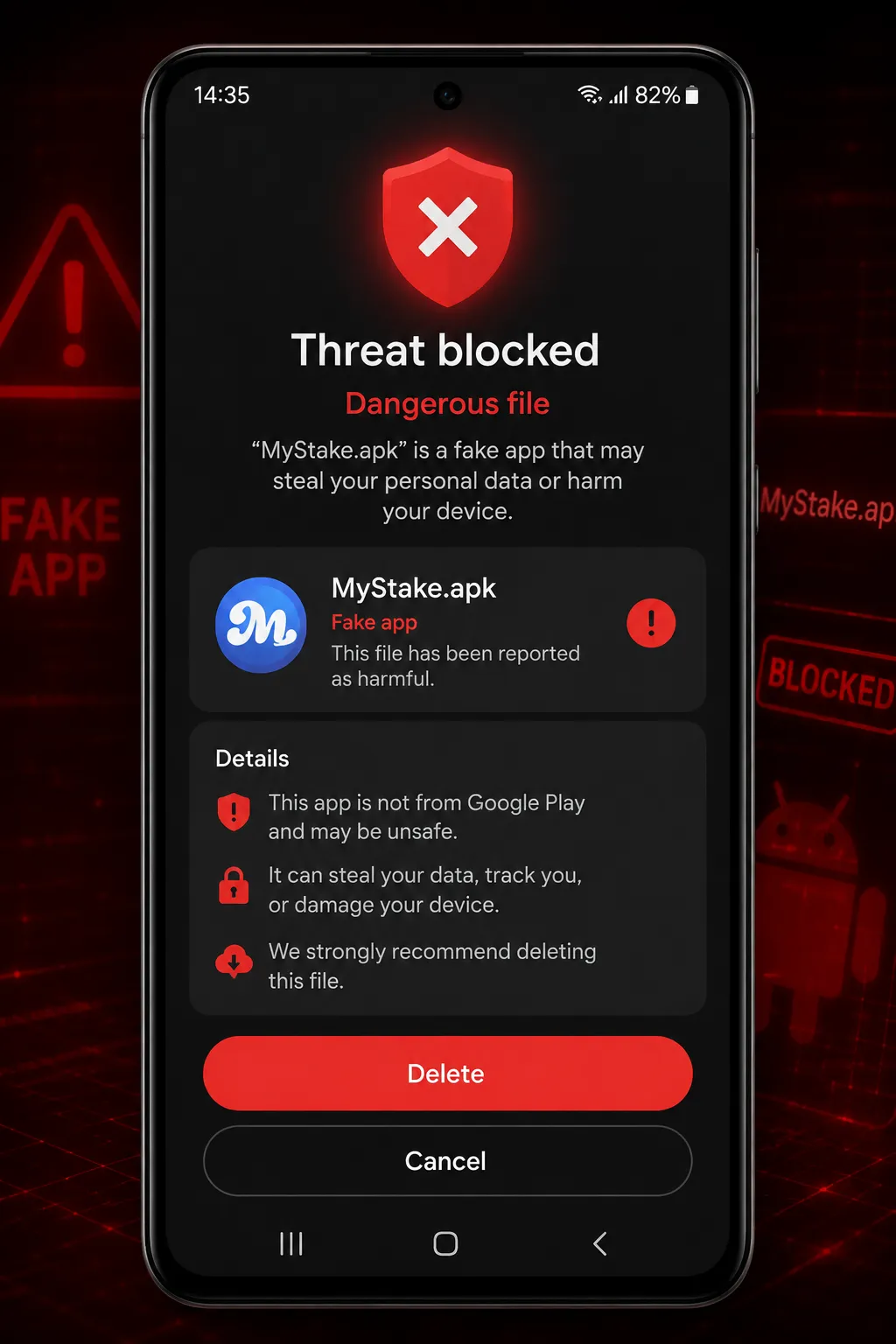 Fake MyStake APK file blocked as a dangerous file on an Android phone