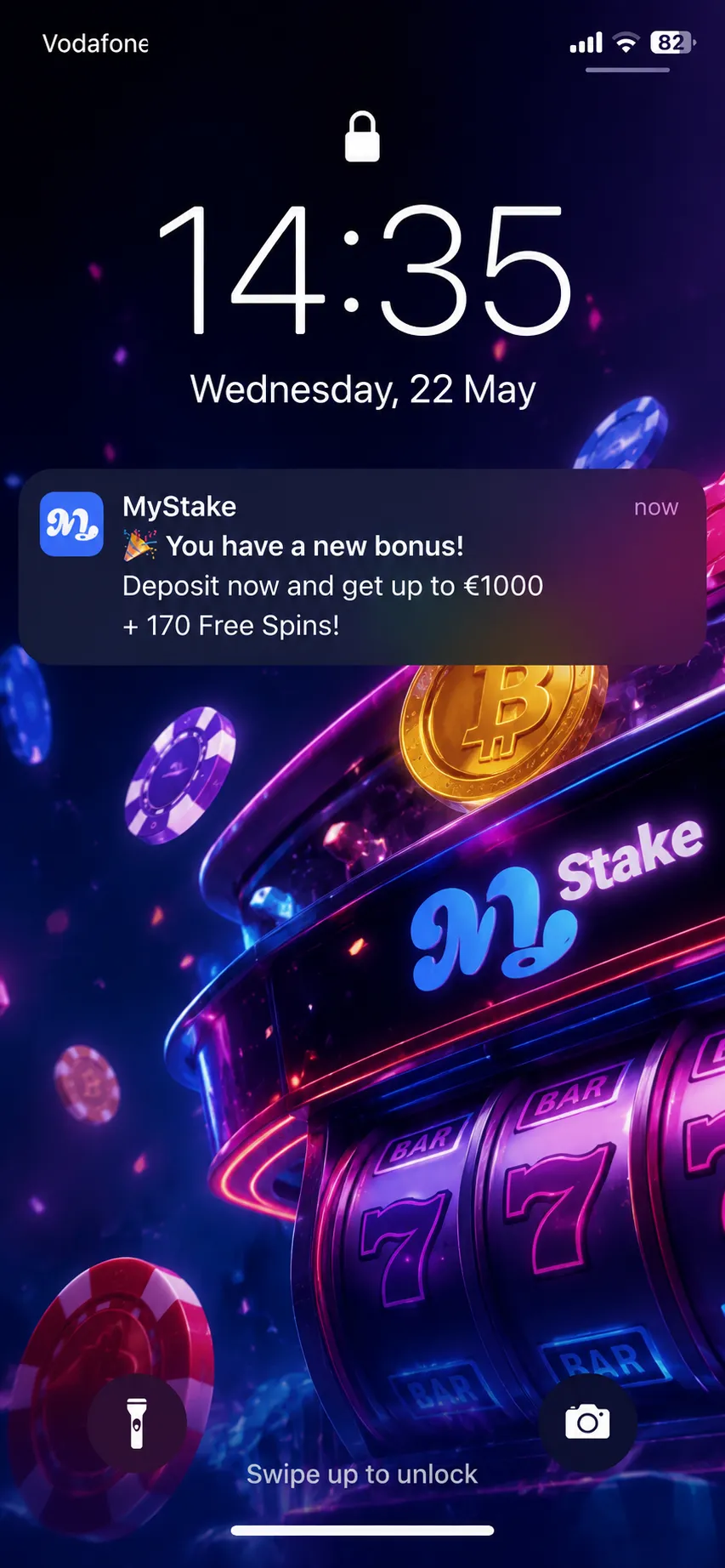 Phone lock screen showing a MyStake bonus notification