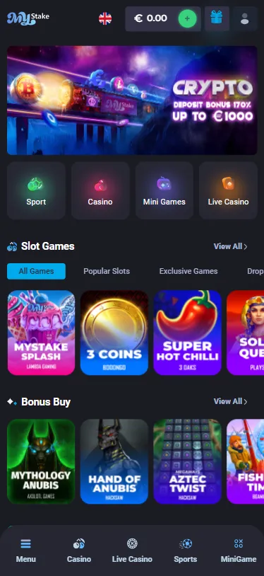 MyStake casino lobby running full screen on a phone