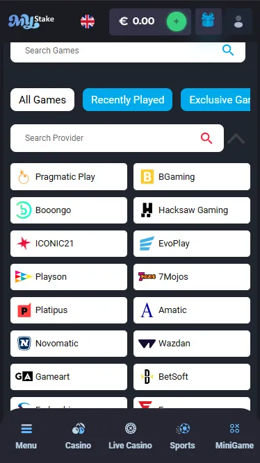 MyStake slots lobby with the provider filter open