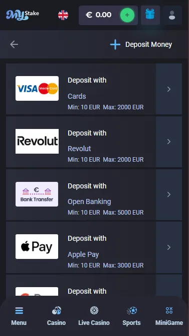 MyStake cashier deposit screen on mobile