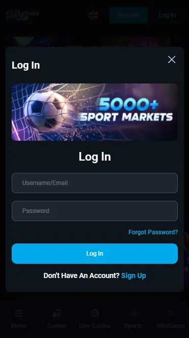 MyStake login screen on a phone